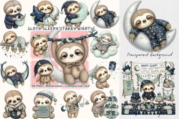 Download Sleepy Sloth Starry Night Watercolor - Premium Resources