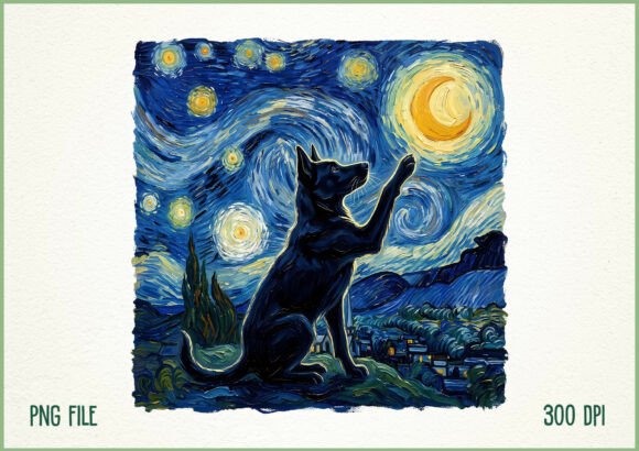 Download Starry Night Dog Painting Moon PNG - Premium Bundle